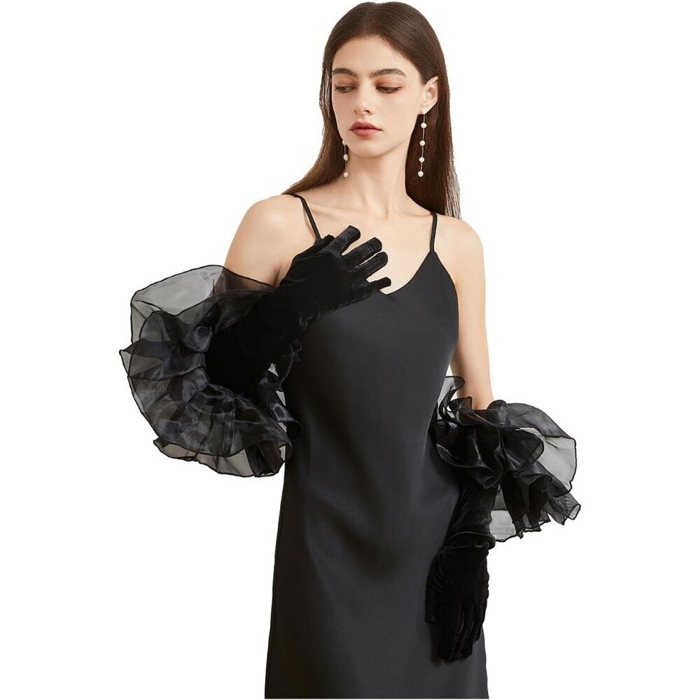 Women's Velvet Black 65cm Satin Tulle  Puff Long Gloves Banquet Wedding Party